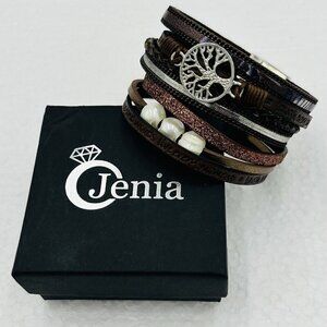 JENIA Multi-Layer Cuff Leather Wrap Bracelet Brown Metallic Tree of Life NEW